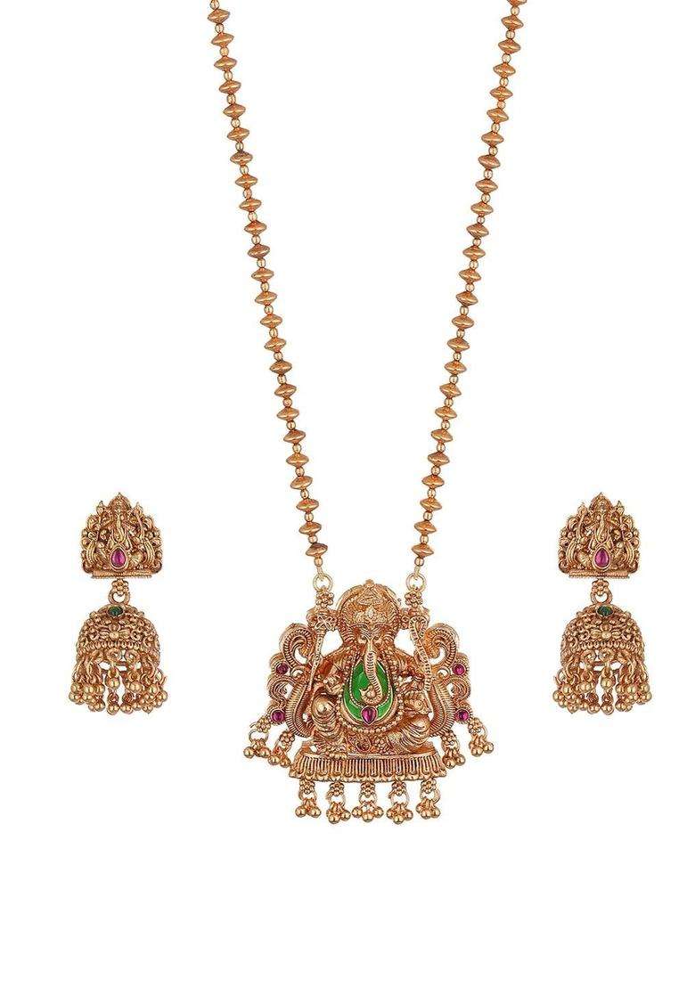 Gold-Plated Ganesha Temple Stone-Studded Necklace and Earrings for Women | Traditional Temple Jewellery for Wedding & Festive Wear | Gift for Her - Indya