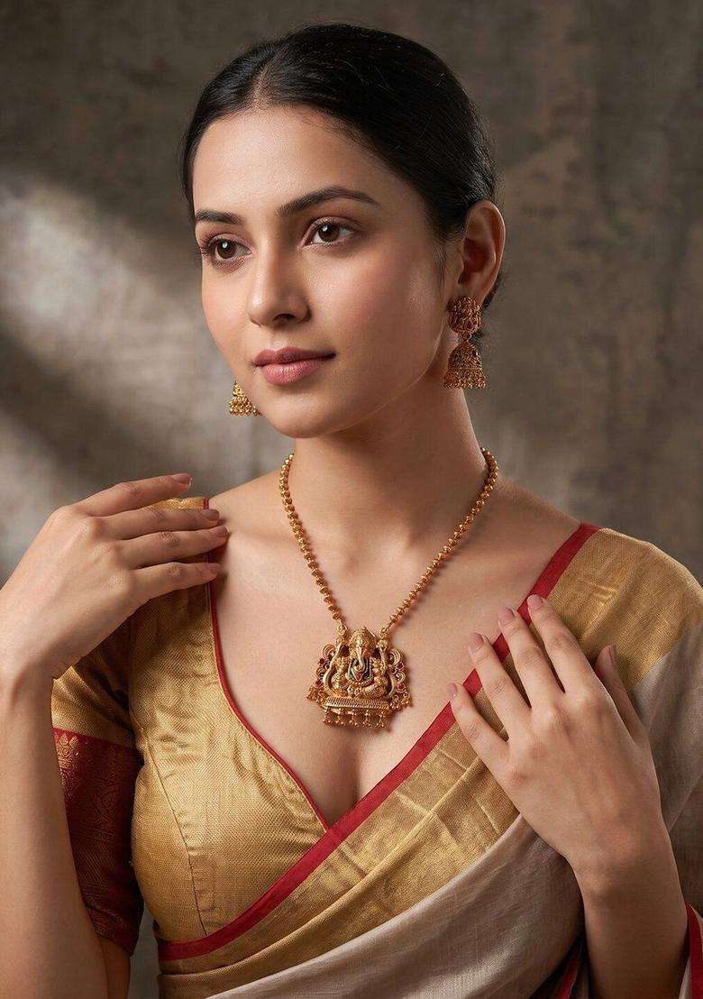 Gold-Plated Ganesha Temple Stone-Studded Necklace and Earrings for Women | Traditional Temple Jewellery for Wedding & Festive Wear | Gift for Her - Indya