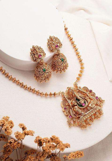 Gold-Plated Ganesha Temple Stone-Studded Necklace and Earrings for Women | Traditional Temple Jewellery for Wedding & Festive Wear | Gift for Her