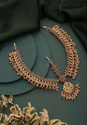 Gold-Plated AD-Studded & Beaded Antique Temple Matha Patti for Women | Traditional Temple Jewellery for Wedding & Festive Wear | Gift for Her