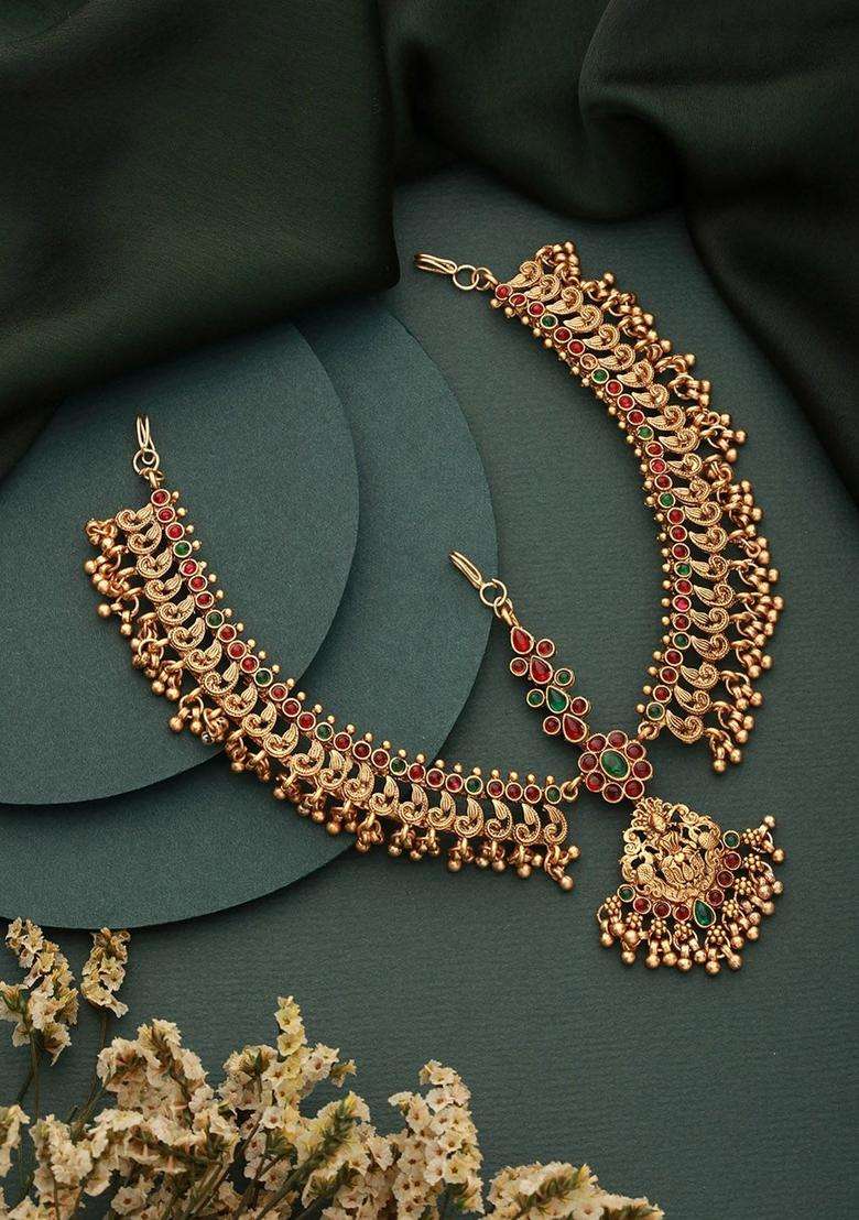 Gold-Plated AD-Studded & Beaded Antique Temple Matha Patti for Women | Traditional Temple Jewellery for Wedding & Festive Wear | Gift for Her - Indya