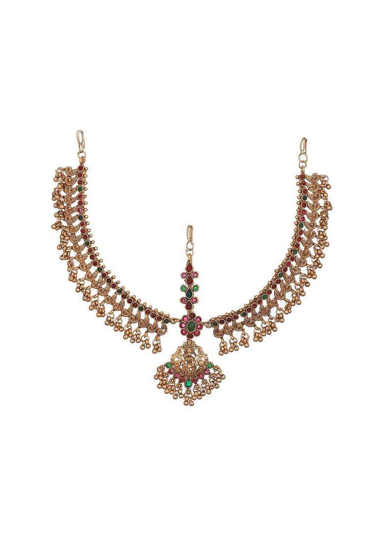 Gold-Plated AD-Studded & Beaded Antique Temple Matha Patti for Women | Traditional Temple Jewellery for Wedding & Festive Wear | Gift for Her - Indya