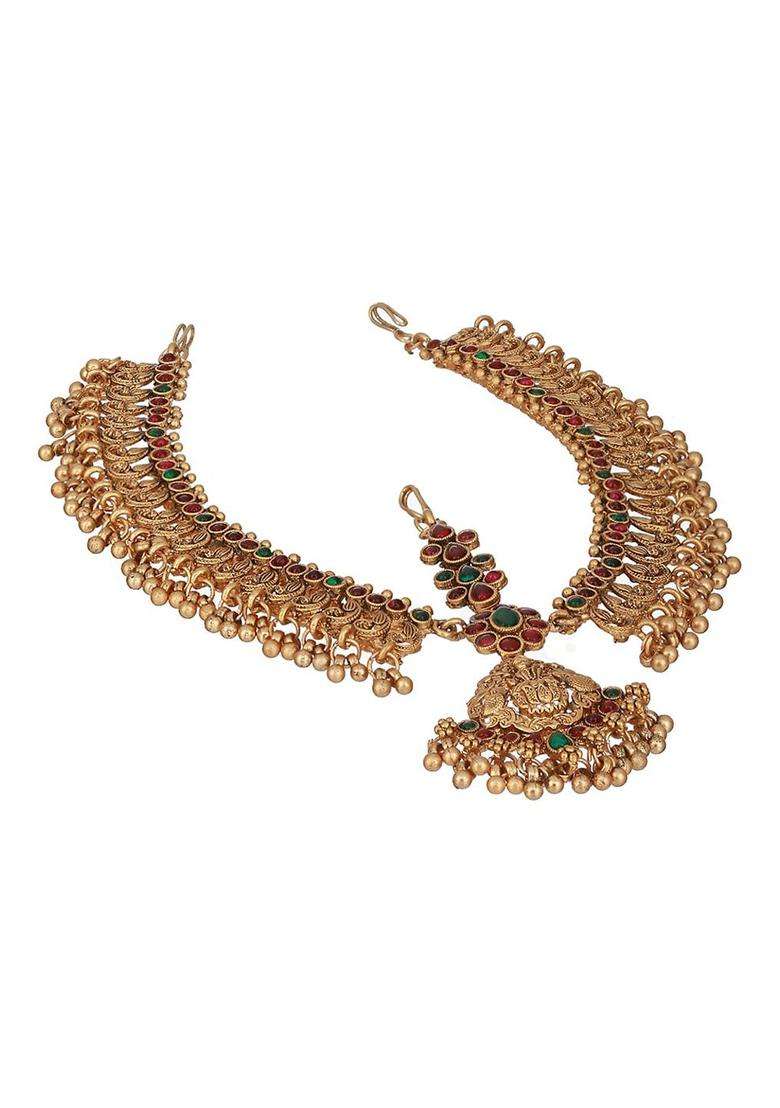 Gold-Plated AD-Studded & Beaded Antique Temple Matha Patti for Women | Traditional Temple Jewellery for Wedding & Festive Wear | Gift for Her - Indya