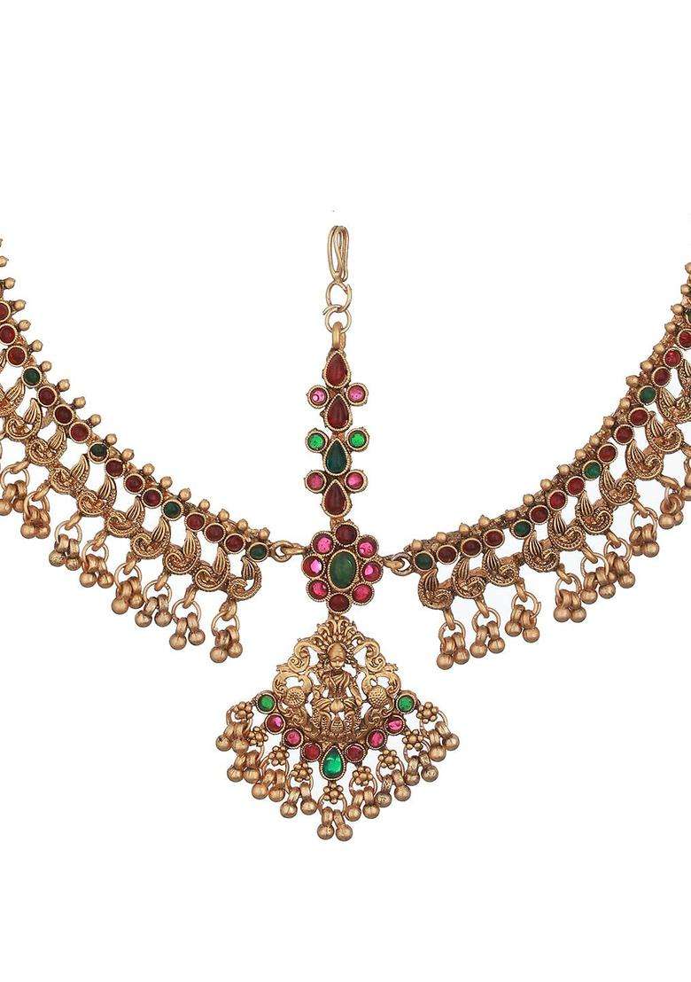 Gold-Plated AD-Studded & Beaded Antique Temple Matha Patti for Women | Traditional Temple Jewellery for Wedding & Festive Wear | Gift for Her - Indya