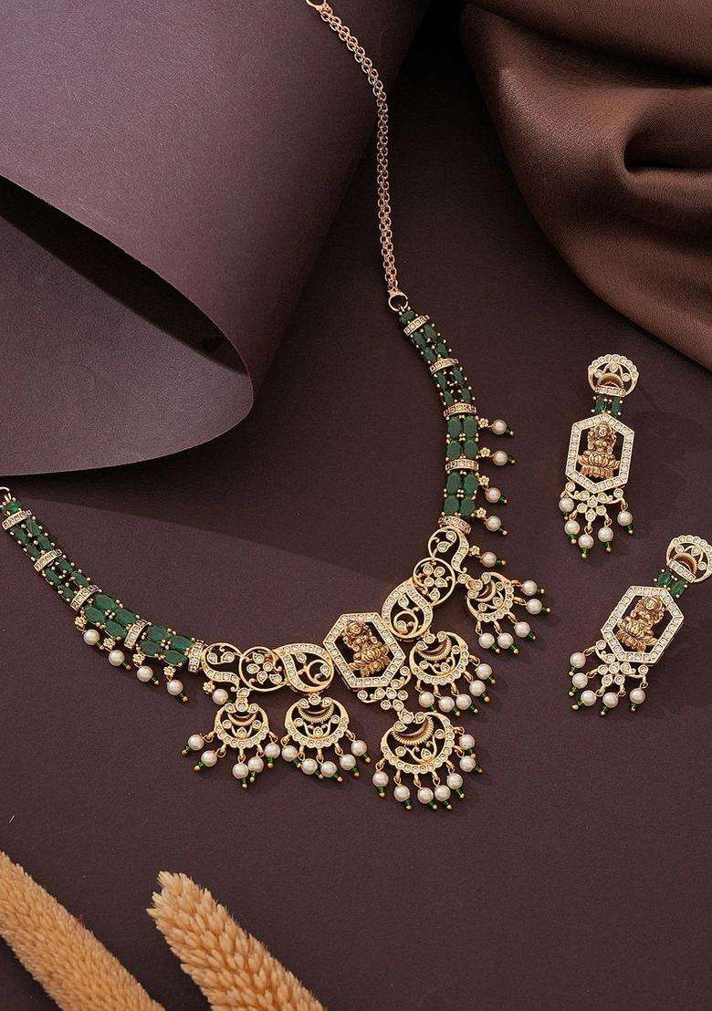 Gold-Plated Temple Stone Studded & Beaded Necklace and Earrings for Women | Traditional Temple Jewellery for Wedding & Festive Wear | Gift for Her - Indya