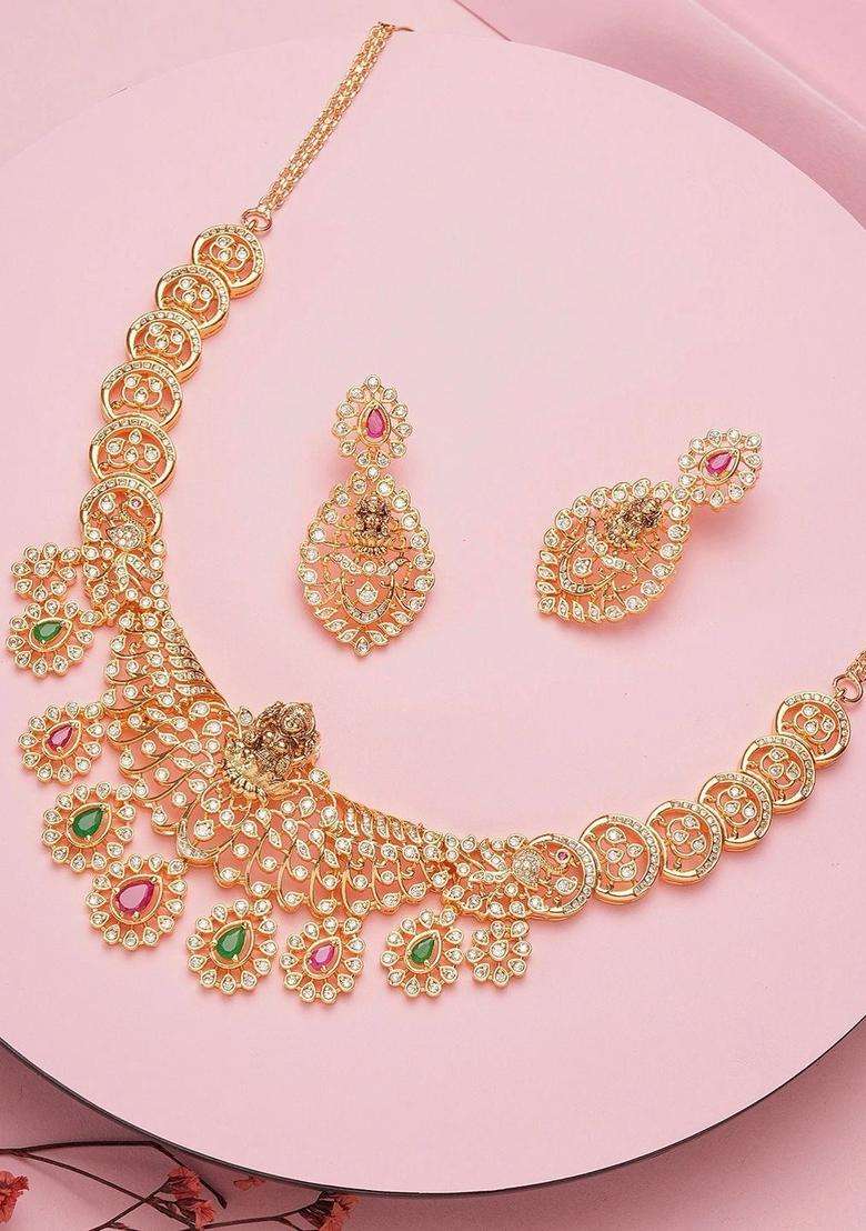Gold-Plated Temple Stone Studded & Beaded Necklace and Earrings for Women | Traditional Temple Jewellery for Wedding & Festive Wear | Gift for Her - Indya
