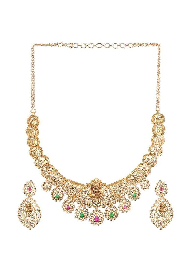 Gold-Plated Temple Stone Studded & Beaded Necklace and Earrings for Women | Traditional Temple Jewellery for Wedding & Festive Wear | Gift for Her - Indya