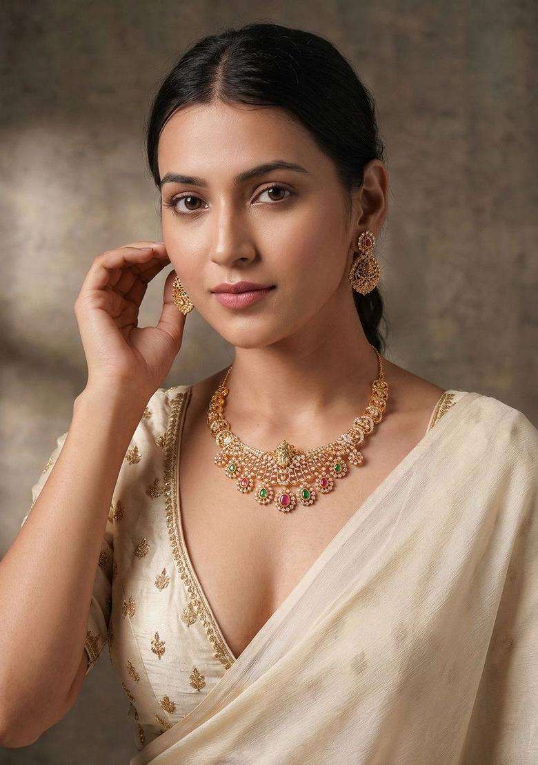 Gold-Plated Temple Stone Studded & Beaded Necklace and Earrings for Women | Traditional Temple Jewellery for Wedding & Festive Wear | Gift for Her - Indya