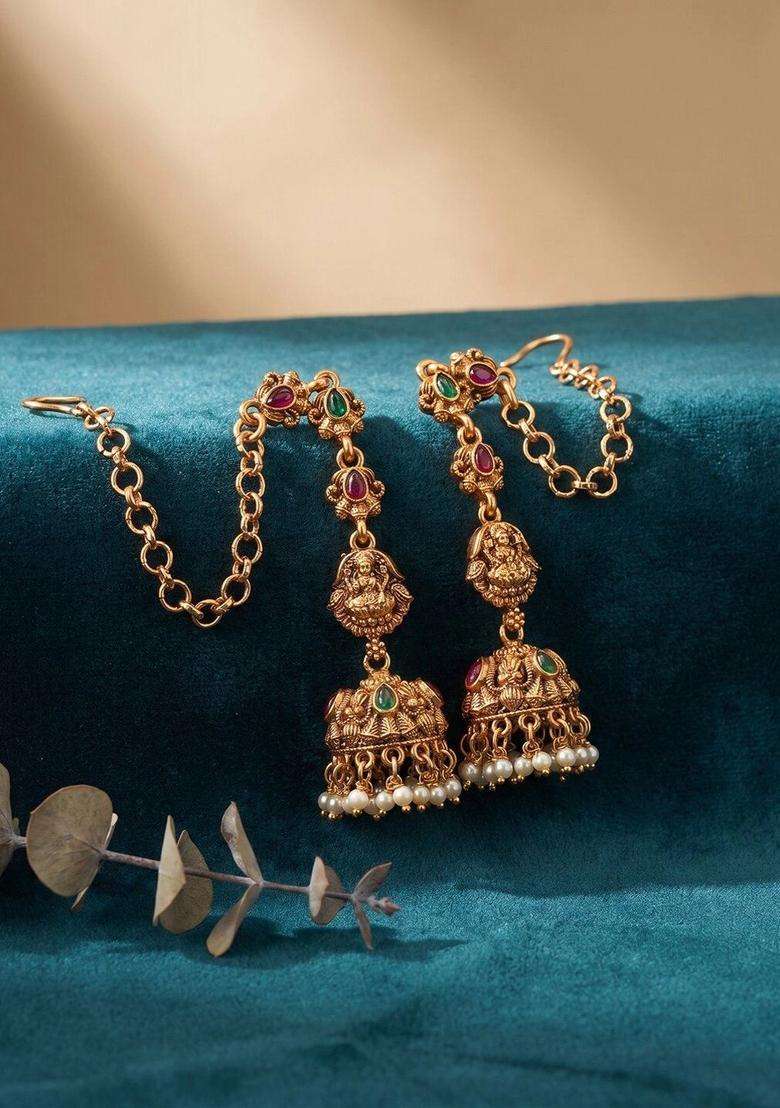 Gold-Plated Ethnic Geometric Jhumkas Earrings for Women | Traditional Temple Jewellery for Wedding & Festive Wear | Gift for Her - Indya