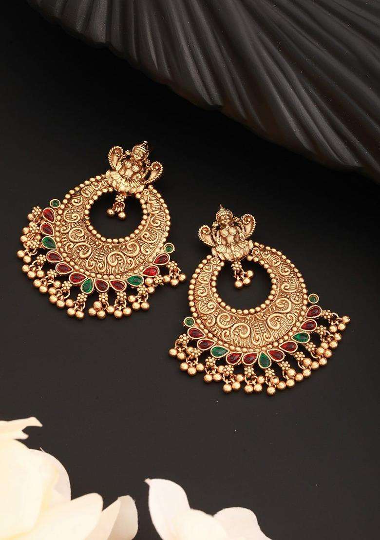 Gold-Plated Crescent Shaped Temple Chandbalis with American Diamond for Women | Traditional Temple Jewellery for Wedding & Festive Wear | Gift for Her - Indya