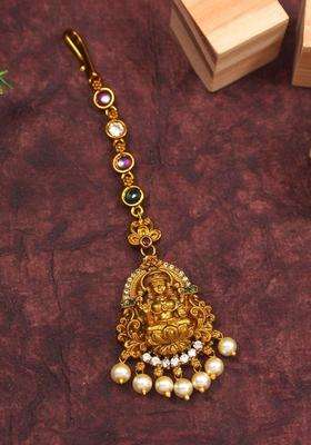 Gold-Plated Artificial Stones and Beads Studded Maang Tikka Head Jewellery for Women | Traditional Temple Jewellery for Wedding & Festive Wear | Gift for Her