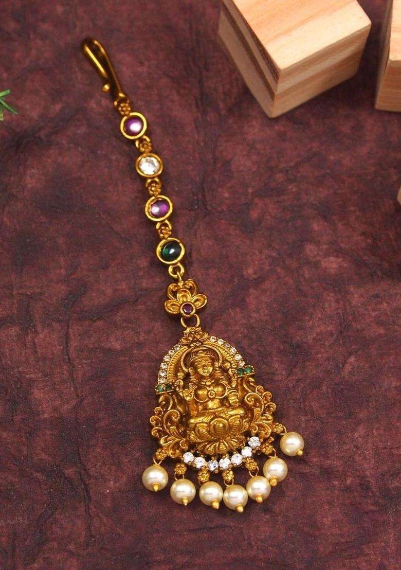 Gold-Plated Artificial Stones and Beads Studded Maang Tikka Head Jewellery for Women | Traditional Temple Jewellery for Wedding & Festive Wear | Gift for Her - Indya
