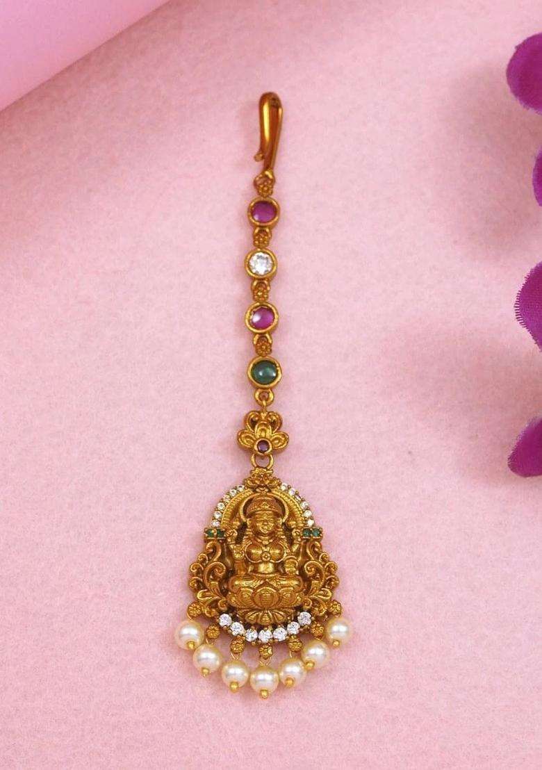 Gold-Plated Artificial Stones and Beads Studded Maang Tikka Head Jewellery for Women | Traditional Temple Jewellery for Wedding & Festive Wear | Gift for Her - Indya