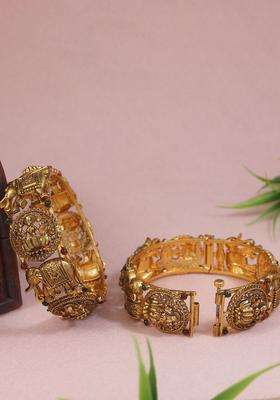 Set of 2 Gold-Plated Stone Studded Temple Bangles with American Diamond for Women | Traditional Temple Jewellery for Wedding & Festive Wear | Gift for Her
