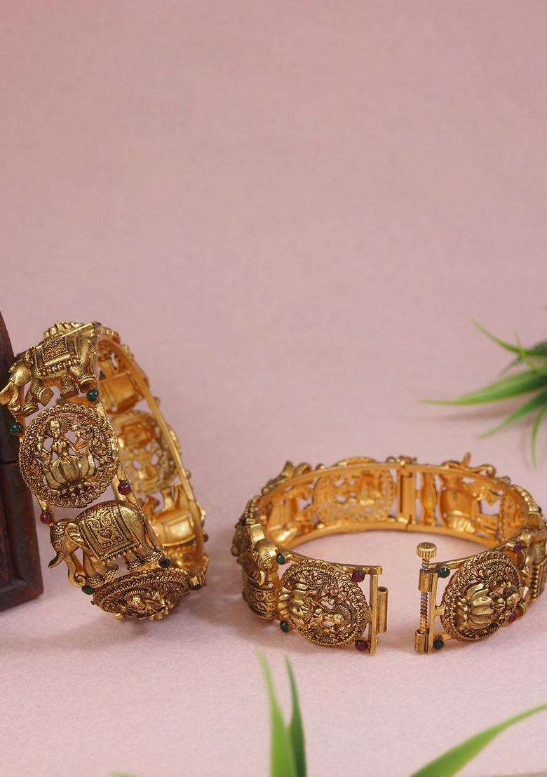 Set of 2 Gold-Plated Stone Studded Temple Bangles with American Diamond for Women | Traditional Temple Jewellery for Wedding & Festive Wear | Gift for Her - Indya