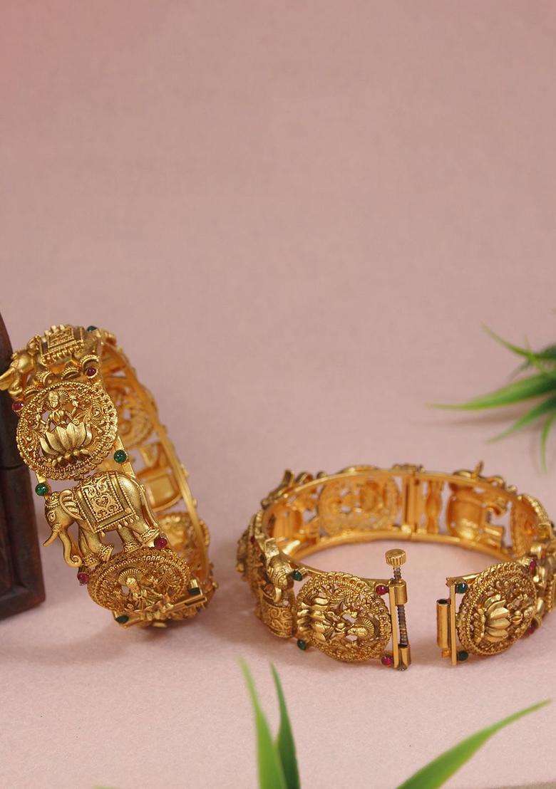 Set of 2 Gold-Plated Stone Studded Temple Bangles with American Diamond for Women | Traditional Temple Jewellery for Wedding & Festive Wear | Gift for Her - Indya