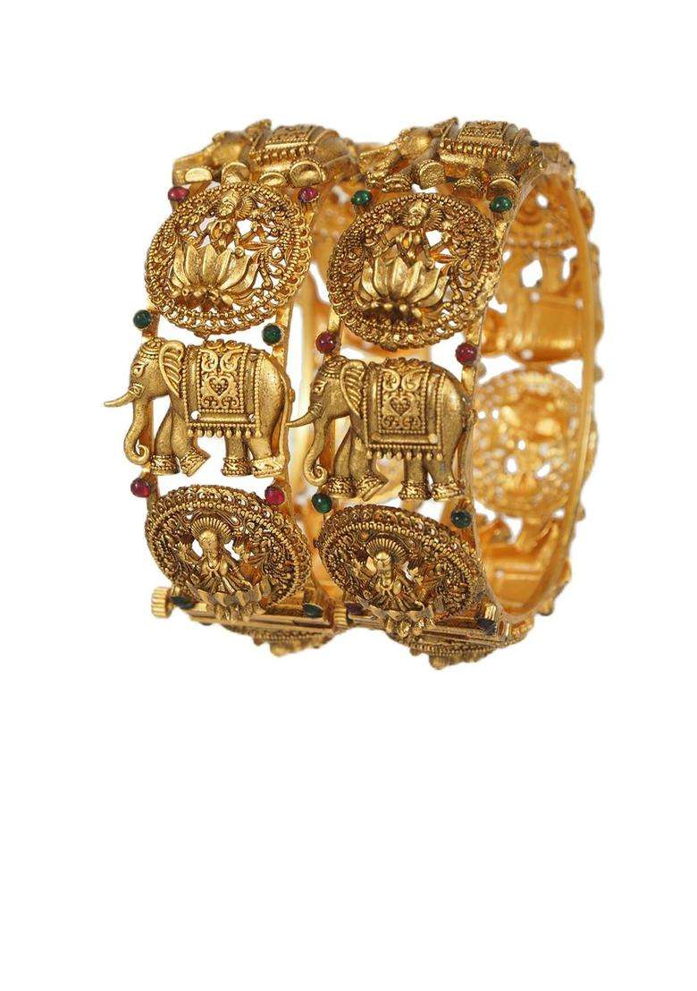 Set of 2 Gold-Plated Stone Studded Temple Bangles with American Diamond for Women | Traditional Temple Jewellery for Wedding & Festive Wear | Gift for Her - Indya