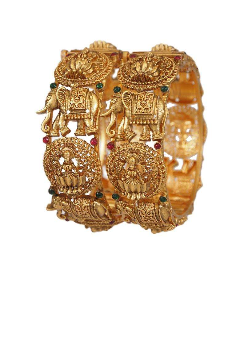 Set of 2 Gold-Plated Stone Studded Temple Bangles with American Diamond for Women | Traditional Temple Jewellery for Wedding & Festive Wear | Gift for Her - Indya