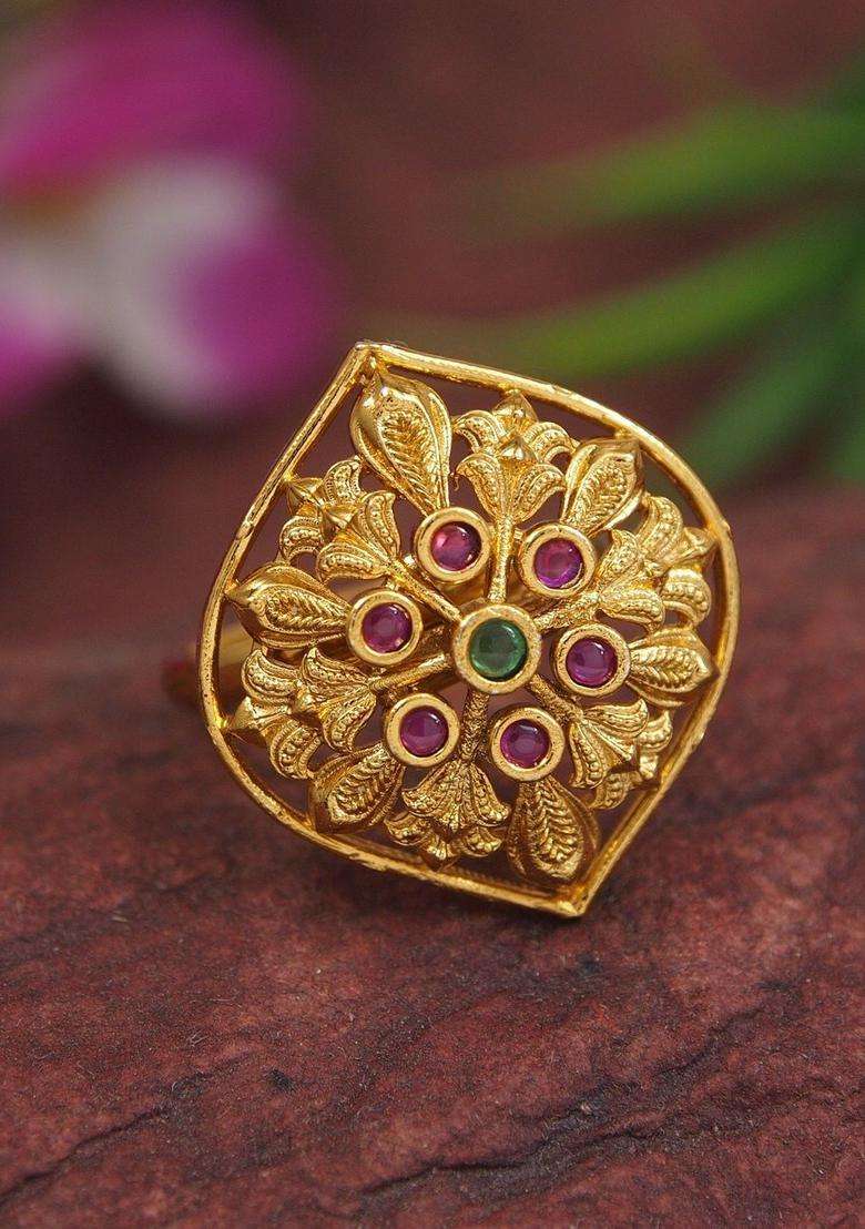 Gold-Plated Temple Stone Studded & Beaded Finger Ring for Women | Traditional Temple Jewellery for Wedding & Festive Wear | Gift for Her - Indya