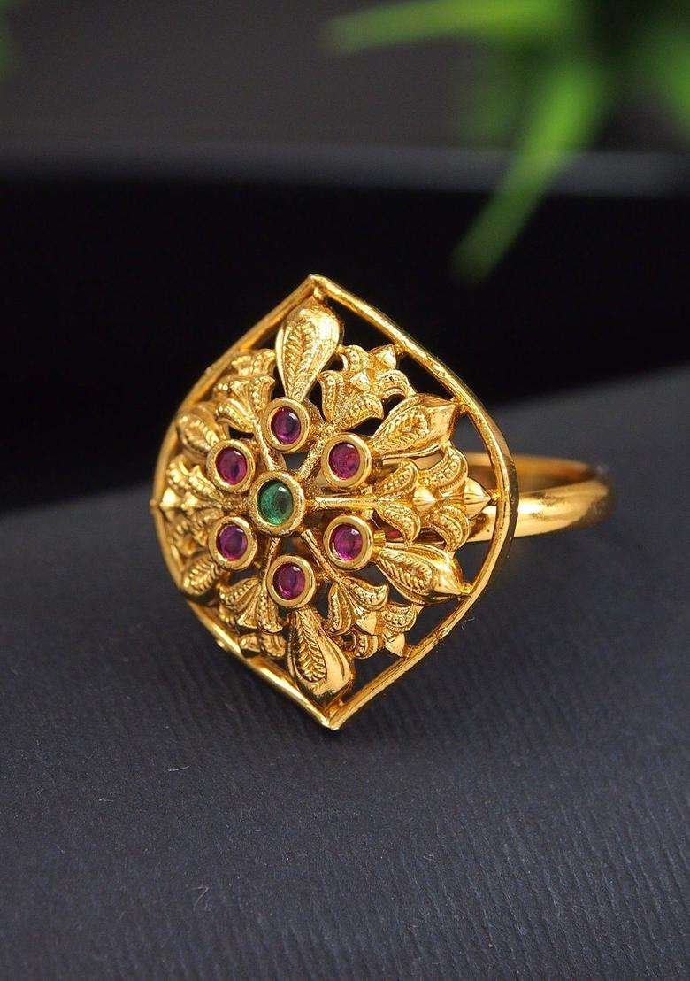 Gold-Plated Temple Stone Studded & Beaded Finger Ring for Women | Traditional Temple Jewellery for Wedding & Festive Wear | Gift for Her - Indya