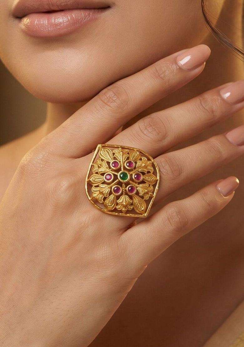 Gold-Plated Temple Stone Studded & Beaded Finger Ring for Women | Traditional Temple Jewellery for Wedding & Festive Wear | Gift for Her - Indya