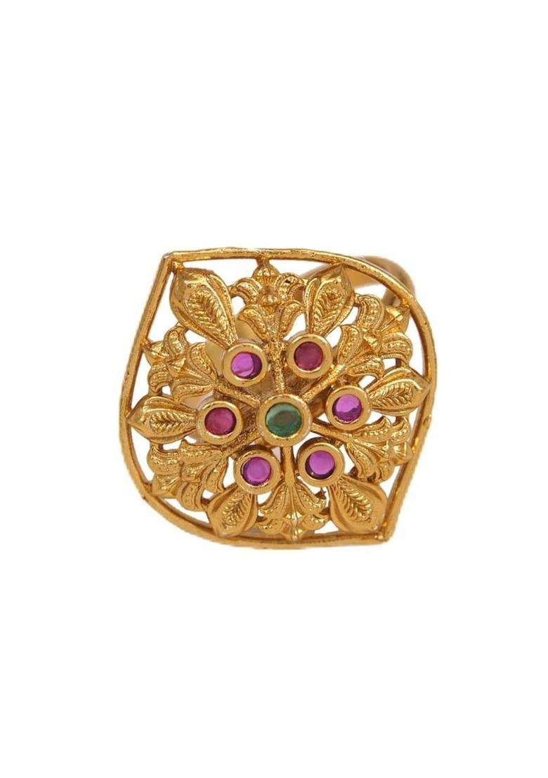 Gold-Plated Temple Stone Studded & Beaded Finger Ring for Women | Traditional Temple Jewellery for Wedding & Festive Wear | Gift for Her - Indya