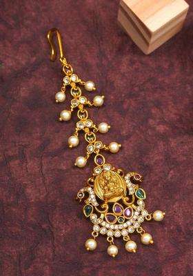 Gold-Plated Artificial Stones and Beads Studded Maang Tikka Head Jewellery for Women | Traditional Temple Jewellery for Wedding & Festive Wear | Gift for Her