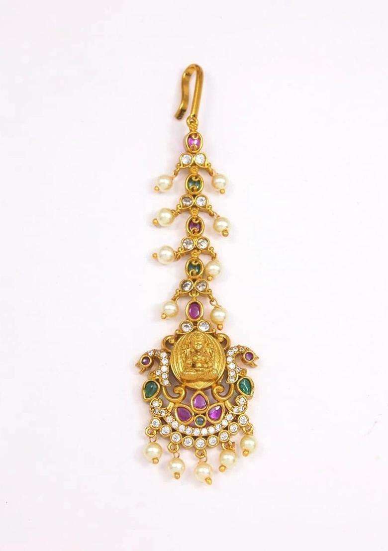 Gold-Plated Artificial Stones and Beads Studded Maang Tikka Head Jewellery for Women | Traditional Temple Jewellery for Wedding & Festive Wear | Gift for Her - Indya