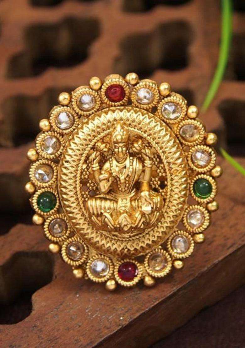 Rajwadi Gold Matte Plated Antique Temple Laxmi Finger Ring for Women | Traditional Temple Jewellery for Wedding & Festive Wear | Gift for Her - Indya