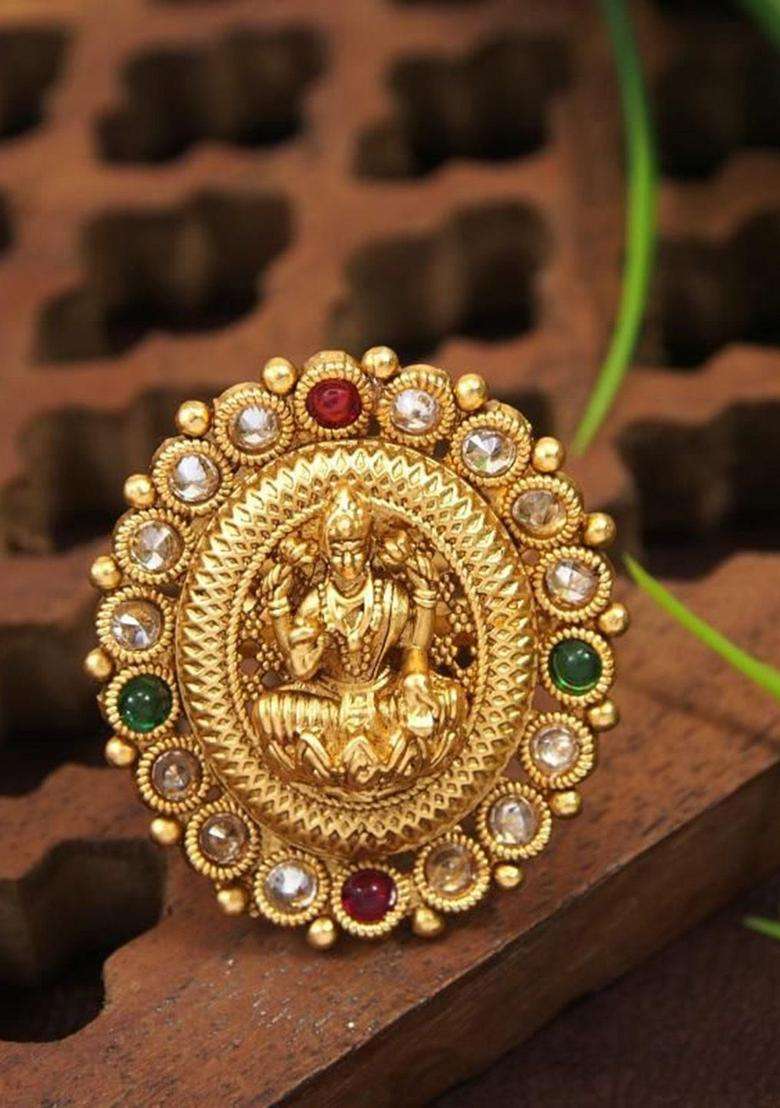 Rajwadi Gold Matte Plated Antique Temple Laxmi Finger Ring for Women | Traditional Temple Jewellery for Wedding & Festive Wear | Gift for Her - Indya