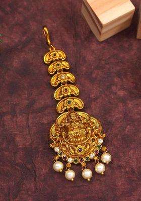 Gold-Plated Artificial Stones and Beads Studded Maang Tikka Head Jewellery for Women | Traditional Temple Jewellery for Wedding & Festive Wear | Gift for Her