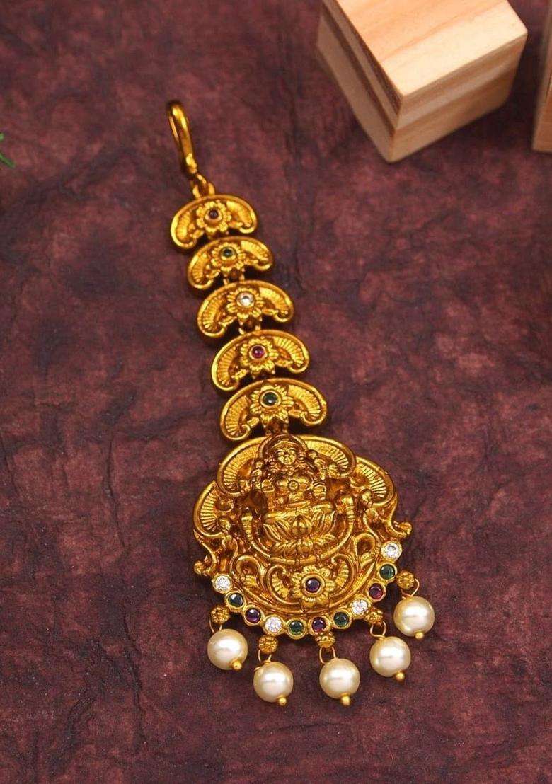 Gold-Plated Artificial Stones and Beads Studded Maang Tikka Head Jewellery for Women | Traditional Temple Jewellery for Wedding & Festive Wear | Gift for Her - Indya