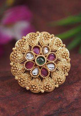 Gold-Plated Temple Stone Studded & Beaded Finger Ring for Women | Traditional Temple Jewellery for Wedding & Festive Wear | Gift for Her