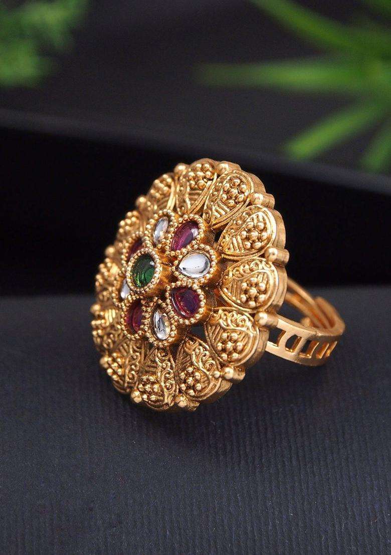 Gold-Plated Temple Stone Studded & Beaded Finger Ring for Women | Traditional Temple Jewellery for Wedding & Festive Wear | Gift for Her - Indya
