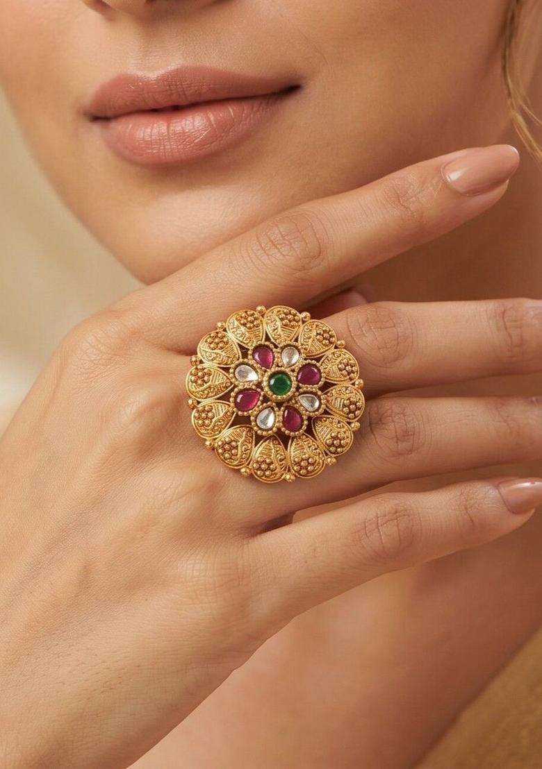 Gold-Plated Temple Stone Studded & Beaded Finger Ring for Women | Traditional Temple Jewellery for Wedding & Festive Wear | Gift for Her - Indya