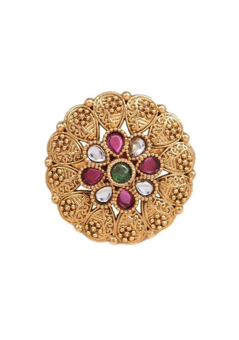 Gold-Plated Temple Stone Studded & Beaded Finger Ring for Women | Traditional Temple Jewellery for Wedding & Festive Wear | Gift for Her - Indya