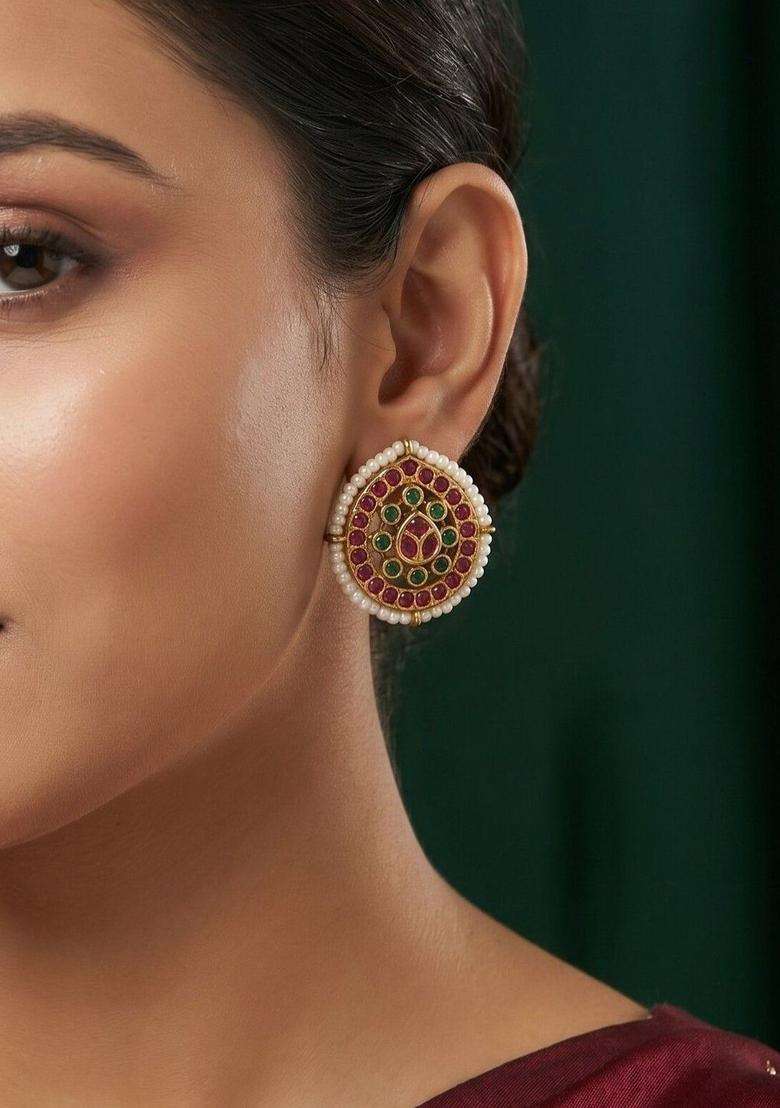Gold-Plated Circular Studs Earrings for Women | Traditional Temple Jewellery for Wedding & Festive Wear | Gift for Her - Indya