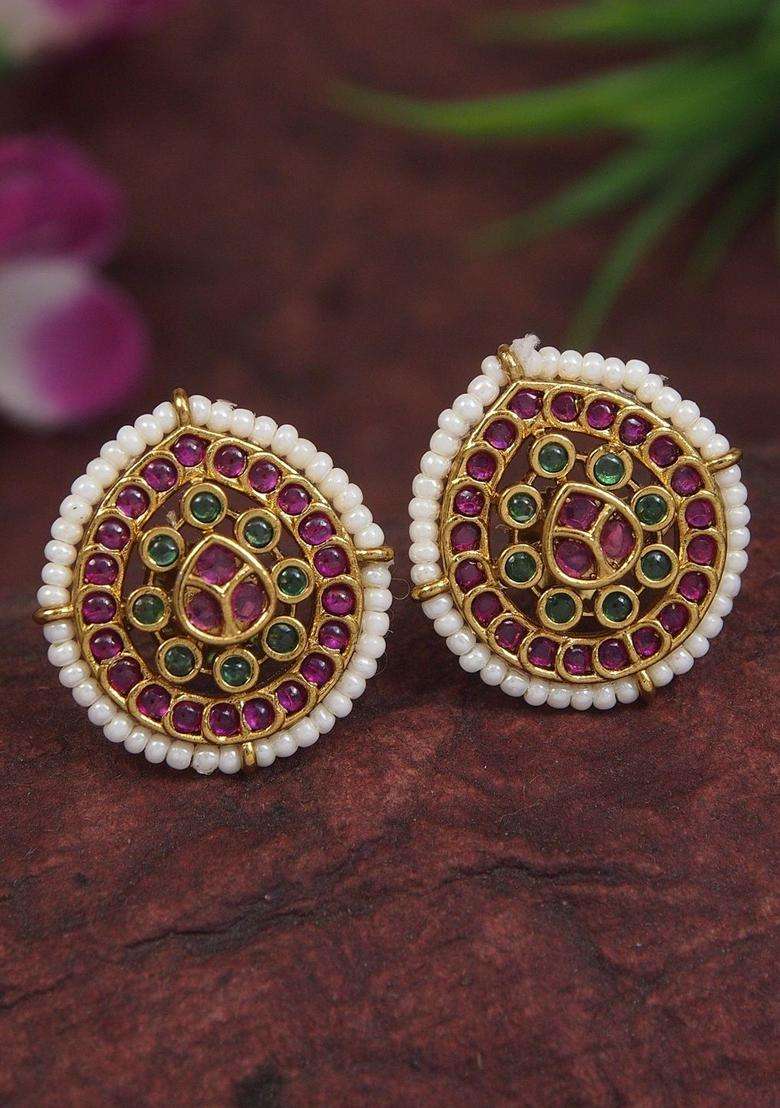Gold-Plated Circular Studs Earrings for Women | Traditional Temple Jewellery for Wedding & Festive Wear | Gift for Her - Indya