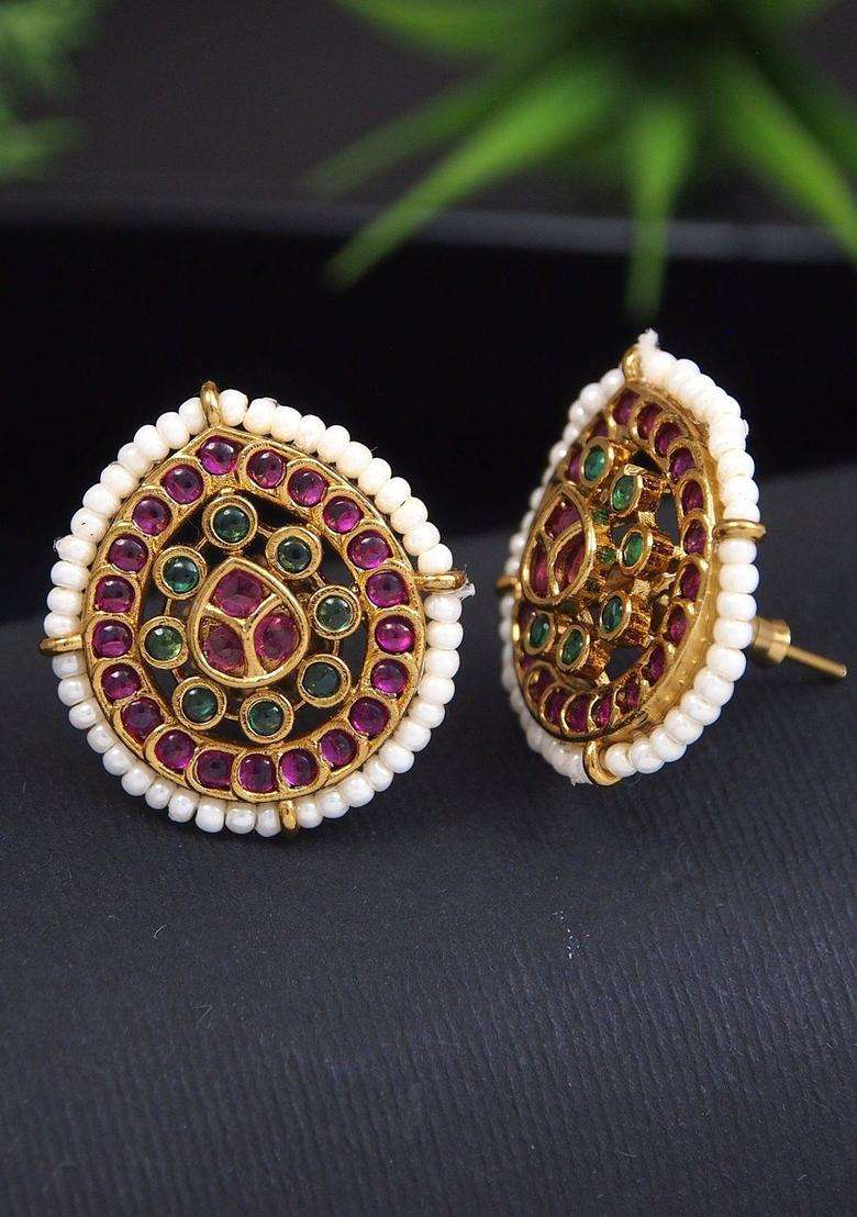 Gold-Plated Circular Studs Earrings for Women | Traditional Temple Jewellery for Wedding & Festive Wear | Gift for Her - Indya