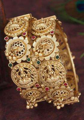 Set of 2 Gold-Plated Temple Stone Studded & Beaded Bangles for Women | Traditional Temple Jewellery for Wedding & Festive Wear | Gift for Her