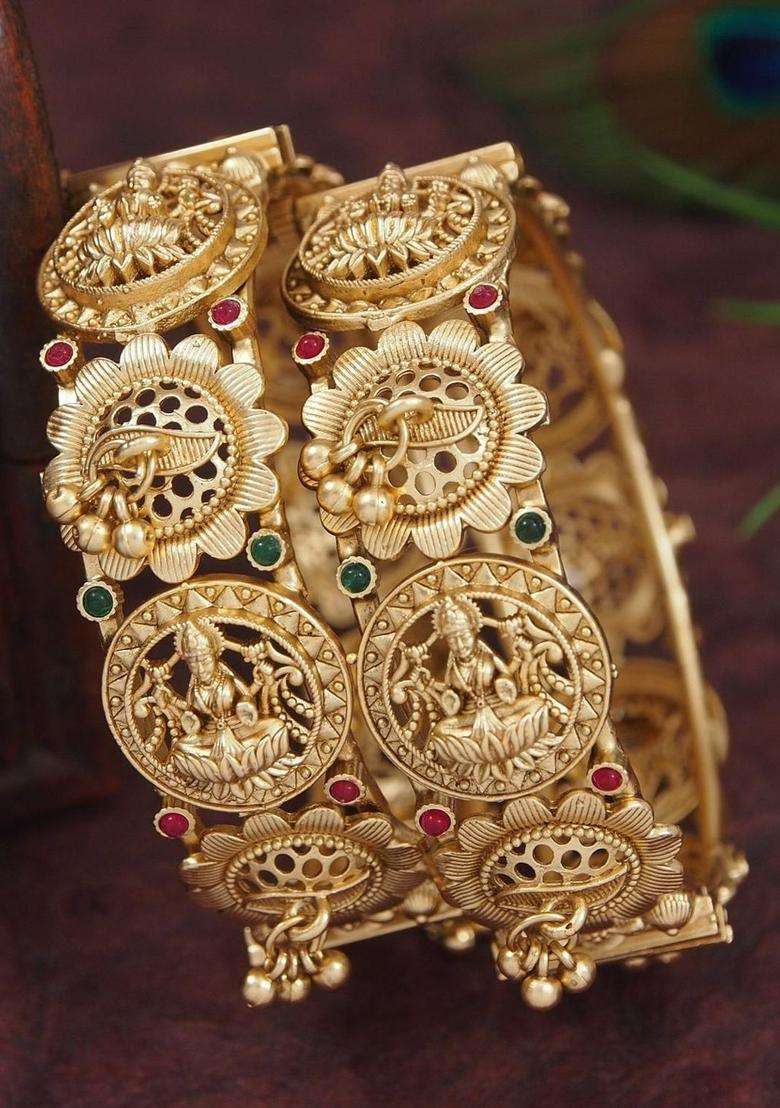 Set of 2 Gold-Plated Temple Stone Studded & Beaded Bangles for Women | Traditional Temple Jewellery for Wedding & Festive Wear | Gift for Her - Indya