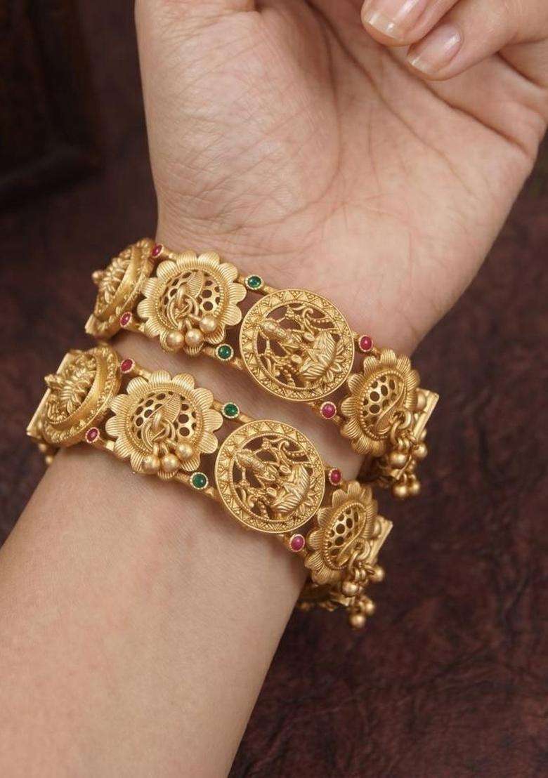 Set of 2 Gold-Plated Temple Stone Studded & Beaded Bangles for Women | Traditional Temple Jewellery for Wedding & Festive Wear | Gift for Her - Indya