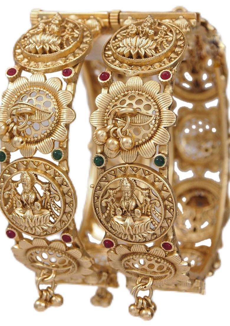 Set of 2 Gold-Plated Temple Stone Studded & Beaded Bangles for Women | Traditional Temple Jewellery for Wedding & Festive Wear | Gift for Her - Indya