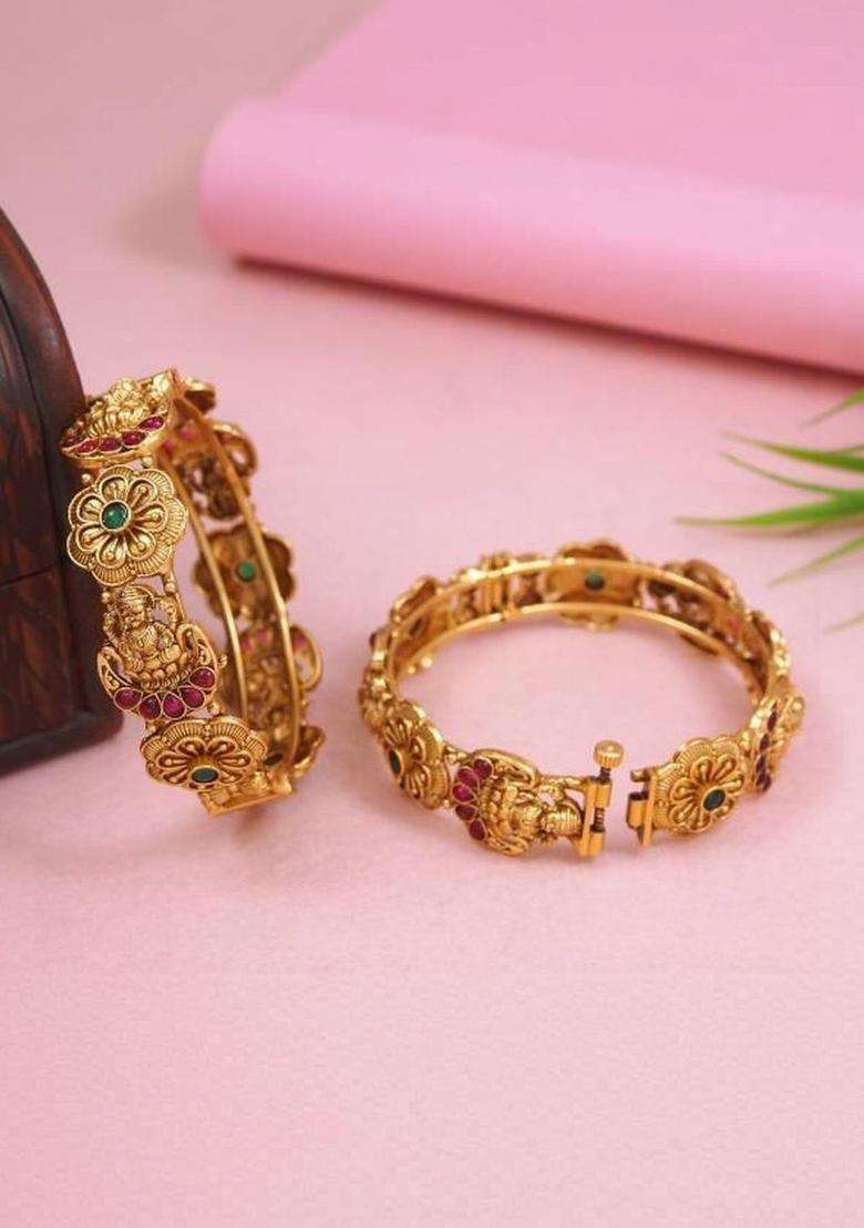 Set of 2 Gold-Plated Temple Stone Studded & Beaded Bangles for Women | Traditional Temple Jewellery for Wedding & Festive Wear | Gift for Her - Indya