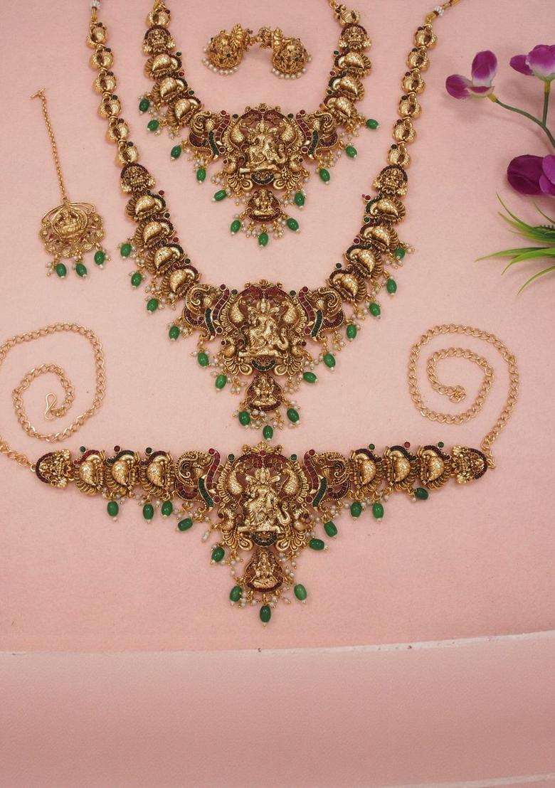 Gold-Plated Artificial Stones Studded & Beaded Temple Jewellery Set for Women | Traditional Temple Jewellery for Wedding & Festive Wear | Gift for Her - Indya
