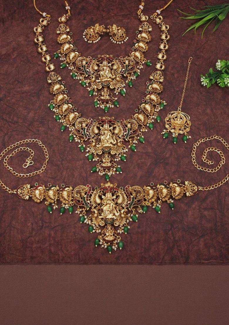 Gold-Plated Artificial Stones Studded & Beaded Temple Jewellery Set for Women | Traditional Temple Jewellery for Wedding & Festive Wear | Gift for Her - Indya