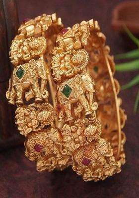Set of 2 Gold-Plated AD Studded Temple Kada Bangles for Women | Traditional Temple Jewellery for Wedding & Festive Wear | Gift for Her