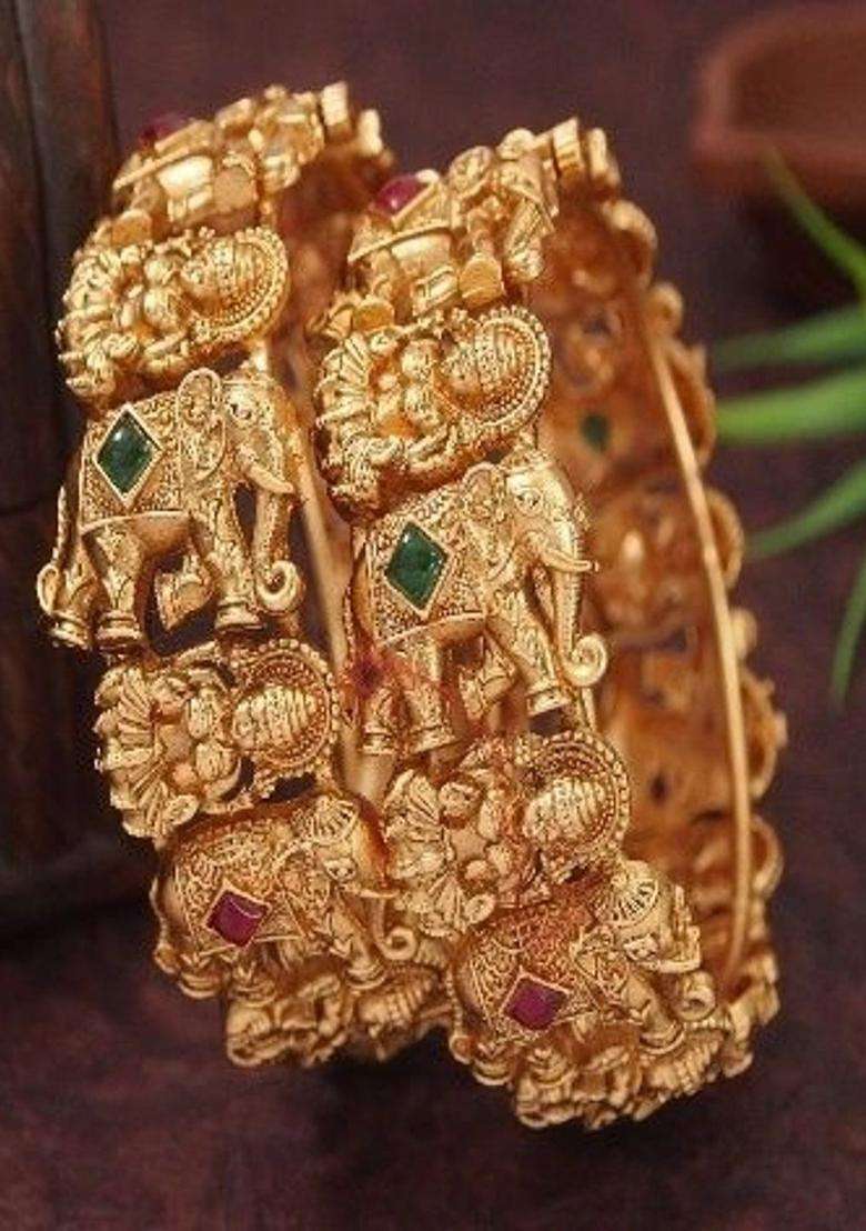 Set of 2 Gold-Plated AD Studded Temple Kada Bangles for Women | Traditional Temple Jewellery for Wedding & Festive Wear | Gift for Her - Indya