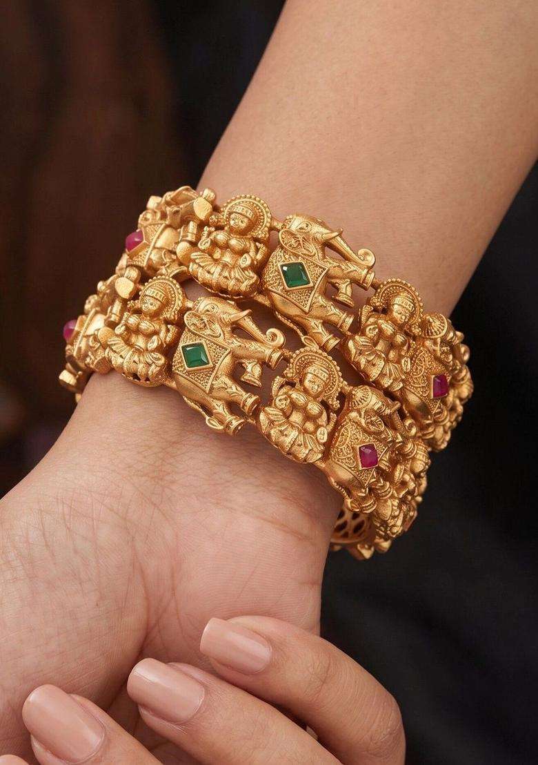 Set of 2 Gold-Plated AD Studded Temple Kada Bangles for Women | Traditional Temple Jewellery for Wedding & Festive Wear | Gift for Her - Indya