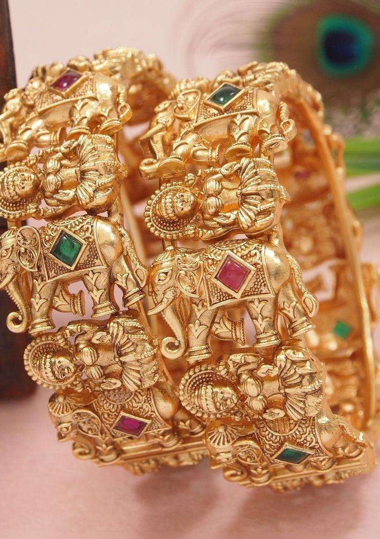 Set of 2 Gold-Plated AD Studded Temple Kada Bangles for Women | Traditional Temple Jewellery for Wedding & Festive Wear | Gift for Her - Indya